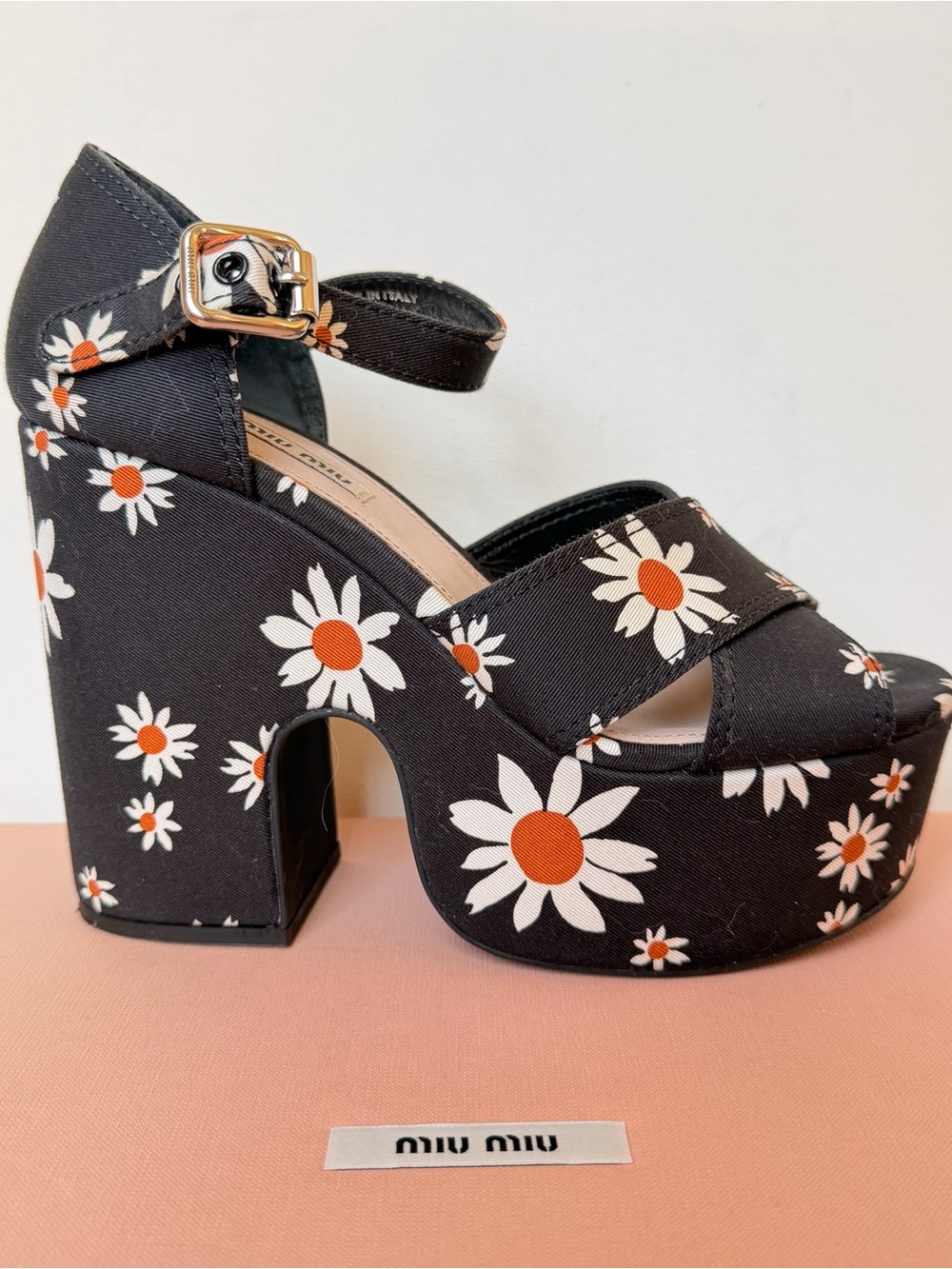 Miu Miu Black Daisy Print Gabardine Chunky Platform Sandals IT 38 NWOB - Picture 2 of 9